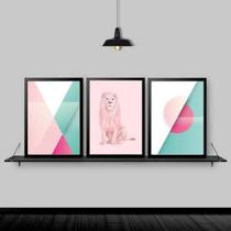 Kit 3 Quadros Abstratos Leão Rosa 24X18 Com Vidro - Branca
