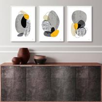 Kit 3 Quadros Abstratos Minimalistas Preto Cinza Amarelo 33x24cm - com vidro