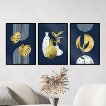 Kit 3 Quadros Abstratos ul e Dourado 33x24cm - Decoração