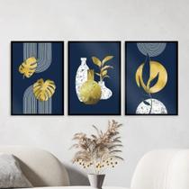 Kit 3 Quadros Abstratos ul e Dourado 45x34cm - Decoração