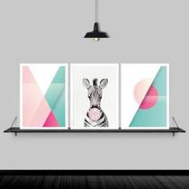 Kit 3 Quadros Abstratos Zebra Chiclete 45X34 C/Vidro - Preta