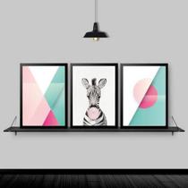 Kit 3 Quadros Abstratos Zebra Chiclete 45X34 C/Vidro - Preta