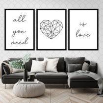 Kit 3 Quadros All You Need Is Love Coração 24x18cm - com vidro