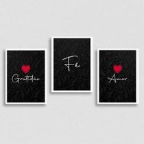 Kit 3 Quadros Amor, Fé, Gratidão Preto 24x18cm