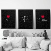 Kit 3 Quadros Amor, Fé, Gratidão Preto 45x34cm