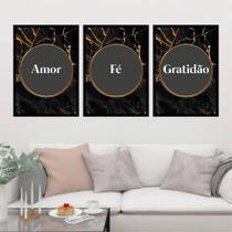 Kit 3 Quadros Amor, Fé, Gratidão Preto Dourado 45X34Cm Preta