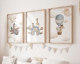 Kit 3 Quadros Animais Avião Balão Arco Íris Azul Quarto Menino Decoração