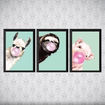Kit 3 Quadros Animais Chicletes Turquesa 24x18cm Kit 3 Quadros Animais Chicletes Turquesa 24x18cm