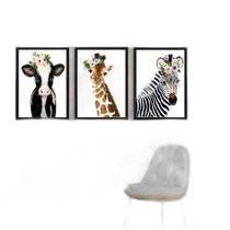 Kit 3 Quadros Animais Coroa Flores 24X18Cm Preta Kit 3 Quadros Animais Coroa Flores 24X18Cm Preta