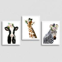 Kit 3 Quadros Animais Coroa Flores 24x18cm Kit 3 Quadros Animais Coroa Flores 24x18cm