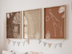 Kit 3 Quadros Animais Minimalista Tons Neutros Quarto Menino Decoração