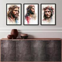 Kit 3 Quadros Aquarelas Face De Jesus 24x18cm