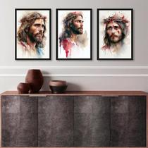 Kit 3 Quadros Aquarelas Face De Jesus 45X34Cm