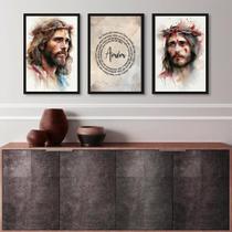 Kit 3 Quadros Aquarelas Face Jesus - Pai Nosso 45X34Cm Vidro