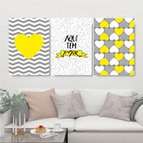 Kit 3 Quadros Aqui Tem Amor Amarelo E Cinza 33x24cm - com vidro