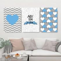 Kit 3 Quadros Aqui Tem Amor Azul E Cinza 45x34cm - com vidro