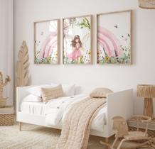 Kit 3 Quadros Arco Íris Rosa Fada Fadinha Quarto Menina Decoração
