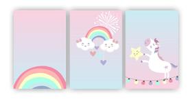 KIT 3 quadros arco iris unicornio rosa quarto meninainfantil