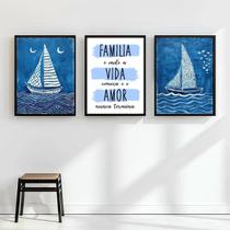 Kit 3 Quadros Arte Nautica Azul - Família 24x18cm - com vidro Kit 3 Quadros Arte Nautica Azul - Família 24x18cm - com vidro