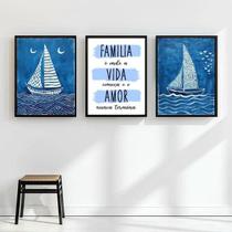 Kit 3 Quadros Arte Nautica Azul - Família 45X34Cm