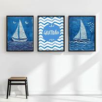 Kit 3 Quadros Arte Nautica Azul - Gratidão 45X34Cm