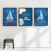 Kit 3 Quadros Arte Nautica Azul - Sonho 45x34cm