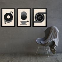 Kit 3 Quadros Artes Bauhaus Cinza e Preto Café Disco 33x24cm