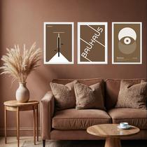 Kit 3 Quadros Artes Bauhaus Marrom e Branco Olho Bike 33x24cm - com vidro