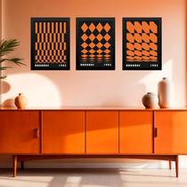 Kit 3 Quadros Artes Geométricas Bauhaus Laranja e Preto 33x24cm - com vidro