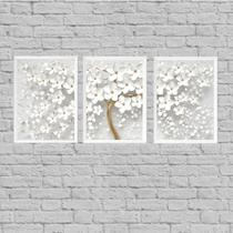 Kit 3 Quadros Árvore Flores Brancas 45x34cm - com vidro Kit 3 Quadros Árvore Flores Brancas 45x34cm - com vidro