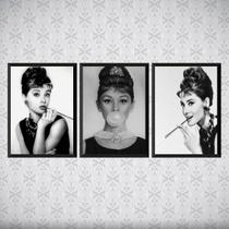 Kit 3 Quadros Audrey Hepburn Preto E Branco 45x34cm - com vidro Kit 3 Quadros Audrey Hepburn Preto E Branco 45x34cm - com vidro
