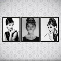 Kit 3 Quadros Audrey Hepburn Preto E Branco 45x34cm