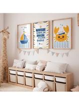 Kit 3 Quadros Aventura Mar Marinheiro Caranguejo Frase Sonho Quarto Infantil Bebê