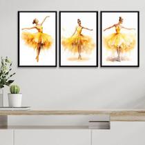 Kit 3 Quadros Bailarinas Amarelas - Aquarela 33X24Cm - Vidro Kit 3 Quadros Bailarinas Amarelas - Aquarela 33X24Cm - Vidro