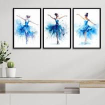Kit 3 Quadros Bailarinas Azul - Aquarela 45X34Cm - Com Vidro Kit 3 Quadros Bailarinas Azul - Aquarela 45X34Cm - Com Vidro