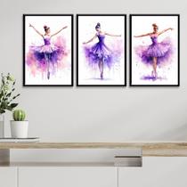 Kit 3 Quadros Bailarinas Lilás - Aquarela 24x18cm - com vidro Kit 3 Quadros Bailarinas Lilás - Aquarela 24x18cm - com vidro