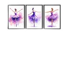 Kit 3 Quadros Bailarinas Lilás - Aquarela 45X34Cm