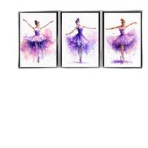Kit 3 Quadros Bailarinas Lilás - Aquarela 45X34Cm