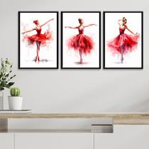 Kit 3 Quadros Bailarinas Vermelhas - Aquarela 45x34cm - com vidro Kit 3 Quadros Bailarinas Vermelhas - Aquarela 45x34cm - com vidro
