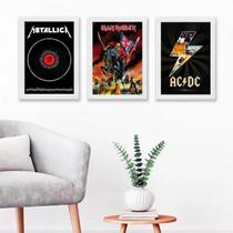 Kit 3 Quadros Bandas de Rock Metal 45x34cm - Madeira Branca