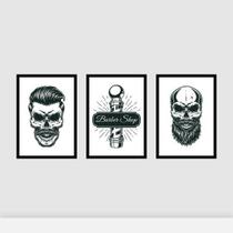 Kit 3 Quadros Barber Shop Caveiras 24x18cm
