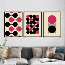 Kit 3 Quadros Bauhaus Abstrato Magenta e Preto 45x34cm - com vidro