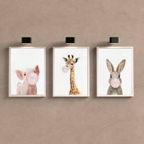 Kit 3 Quadros Bichinhos Chicletes Rosa 45x34cm