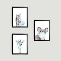 Kit 3 Quadros Bichinhos Chicletes ul 45X34 Com Vidro Preta