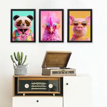 Kit 3 Quadros Bichos De Óculos 24x18cm - com vidro