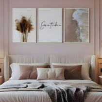 Kit 3 Quadros Boho Bege Mar Gratidão Moldura