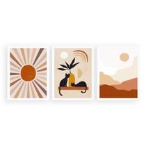 Kit 3 Quadros Boho Gatos Sol E Lua 24X18Cm