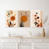 Kit 3 Quadros Bohos Flores Folhas Sol Terracota 45x34cm - com vidro