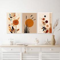 Kit 3 Quadros Bohos Flores Folhas Sol Terracota 45X34Cm