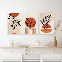 Kit 3 Quadros Bohos Folhas E Círculos Terracota 45x34cm